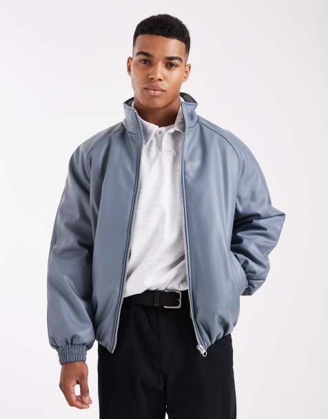 ASOS DESIGN faux leather funnel neck bomber in blue - view 1