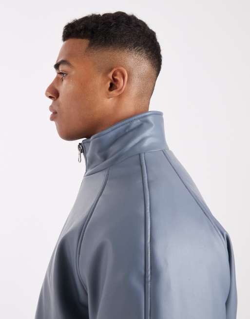 ASOS DESIGN faux leather funnel neck bomber in blue, 4 of 5