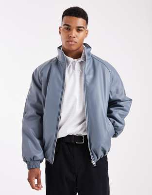 Asos Design Faux Leather Funnel Neck Bomber Jacket In Blue