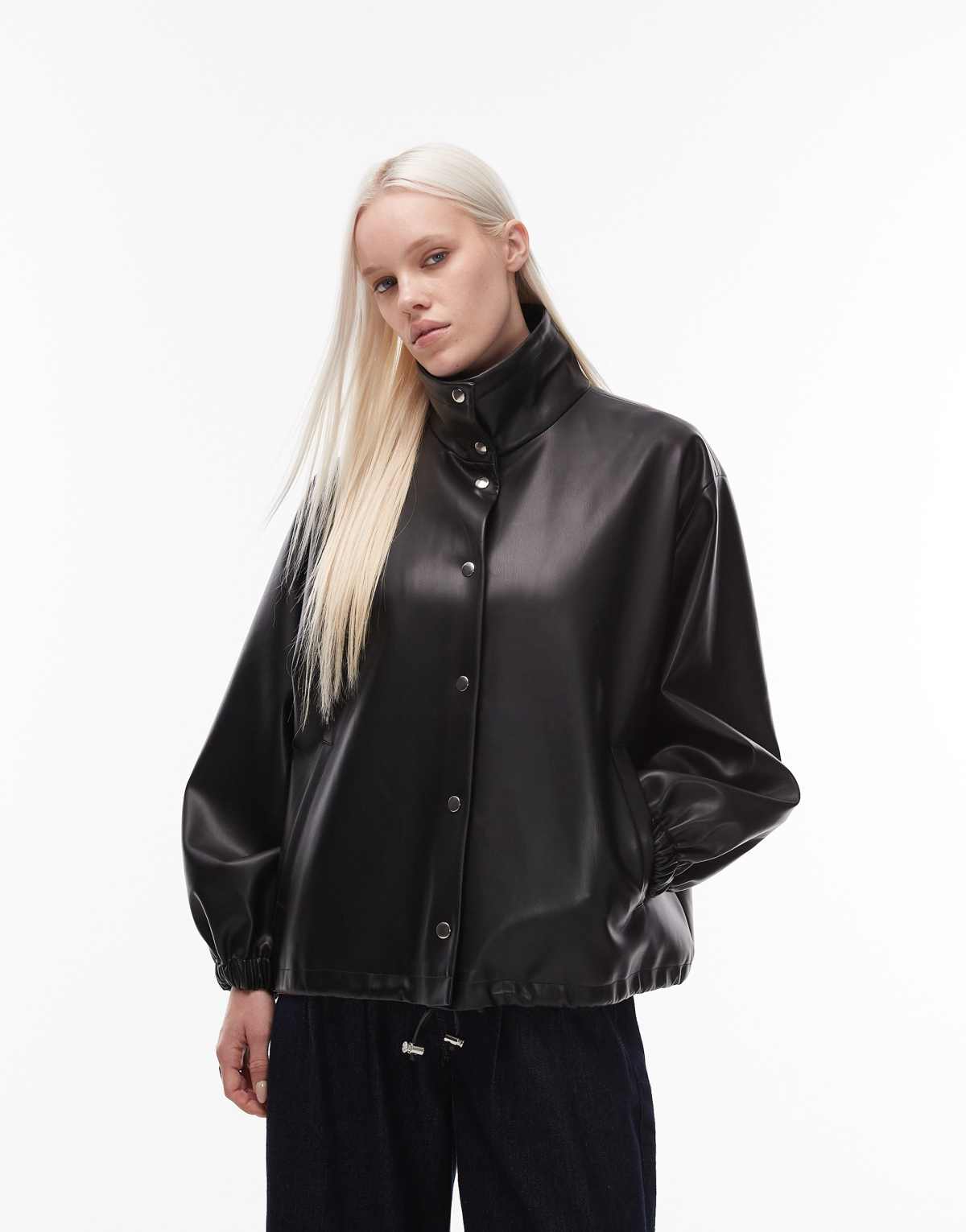 ASOS DESIGN faux leather funnel neck jacket in black
