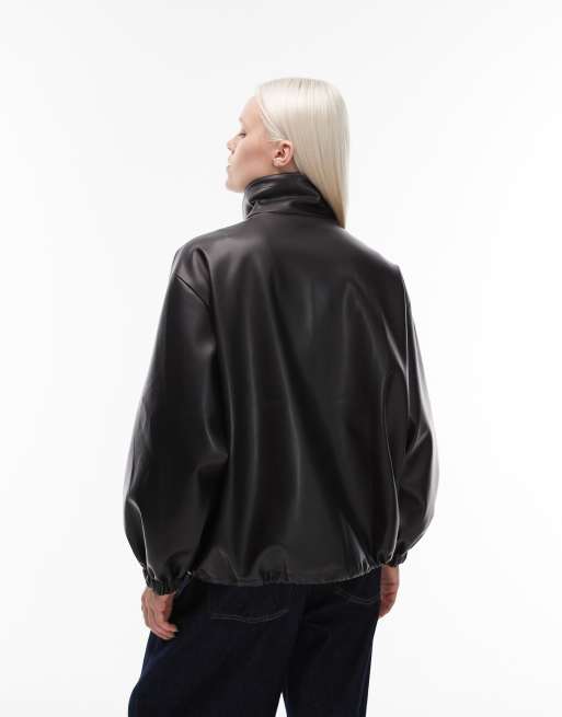 ASOS DESIGN faux leather funnel neck jacket in black