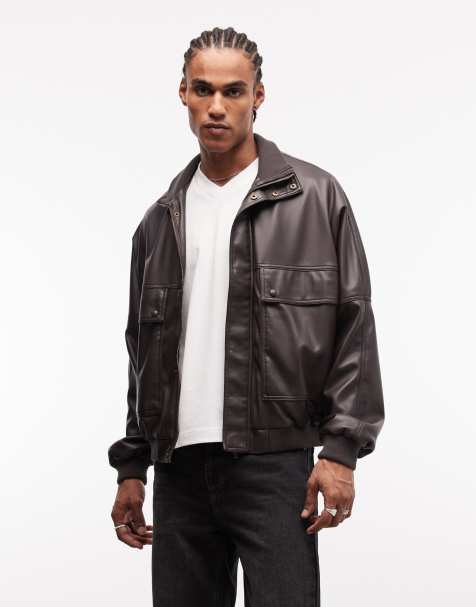 ASOS DESIGN faux leather funnel neck jacket in brown - view 1