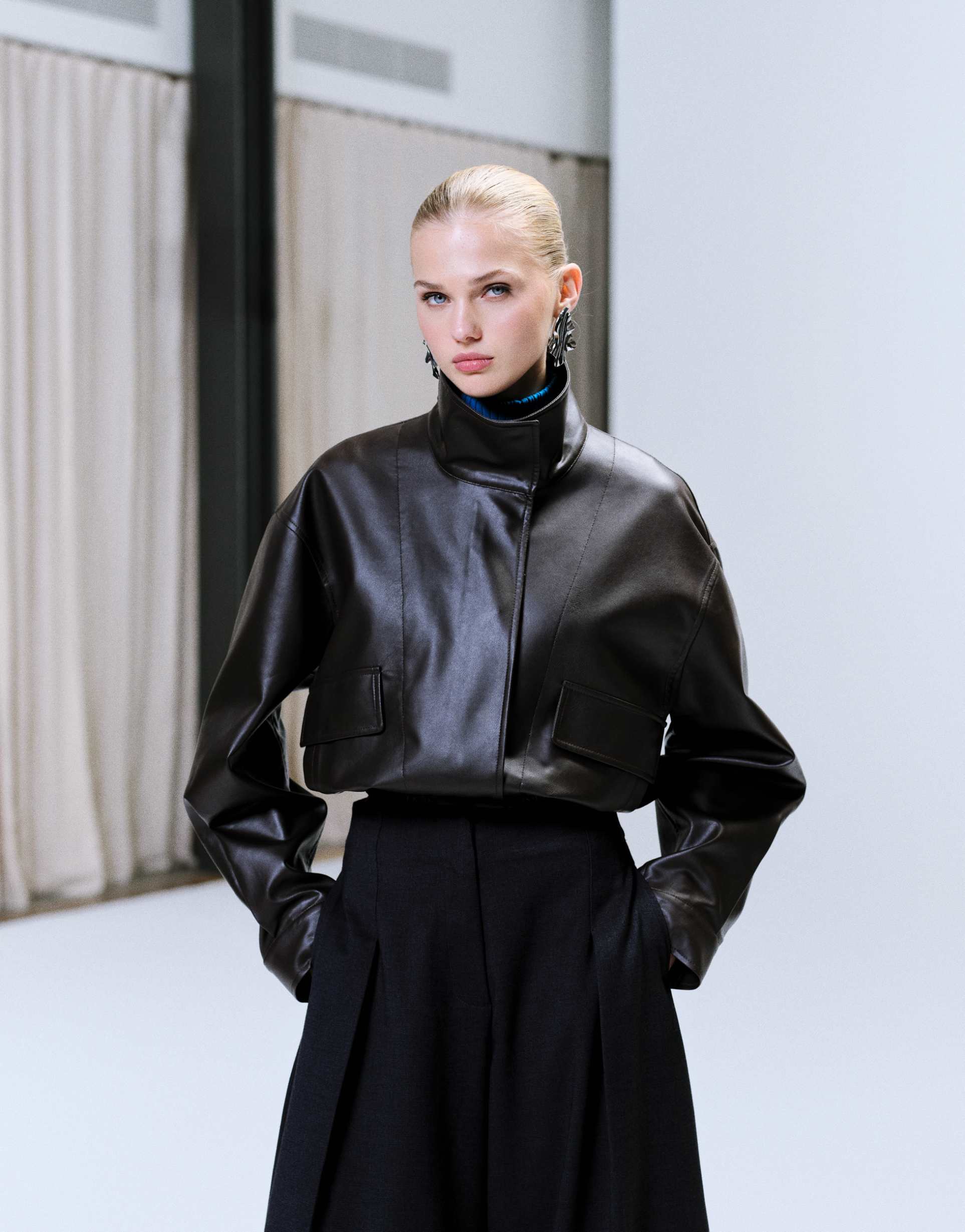 asos design faux leather funnel neck jacket in chocolate brown