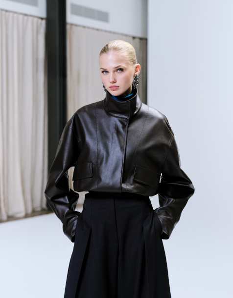 ASOS DESIGN faux leather funnel neck jacket in chocolate brown