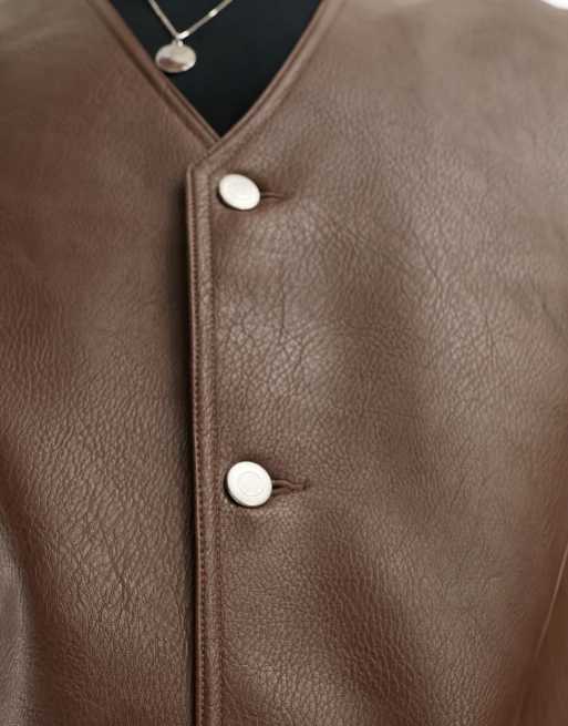 ASOS DESIGN faux leather gilet in brown, 2 of 4