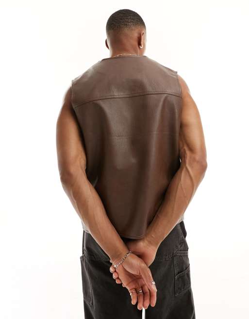 ASOS DESIGN faux leather gilet in brown, 3 of 4