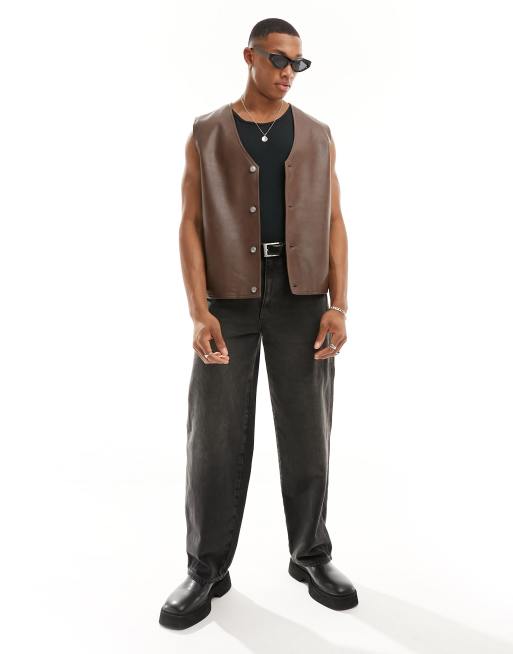 ASOS DESIGN faux leather gilet in brown, 4 of 4