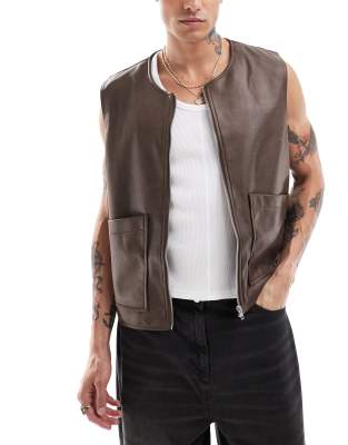 ASOS DESIGN faux leather gilet in brown