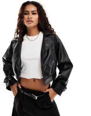 ASOS DESIGN faux leather glam 80's crop jacket in black