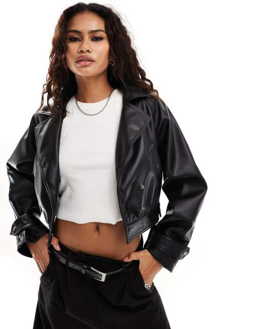 ASOS Design Faux Leather Glam 80s Crop Jacket in Black Red