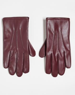 faux leather gloves in burgundy-Red