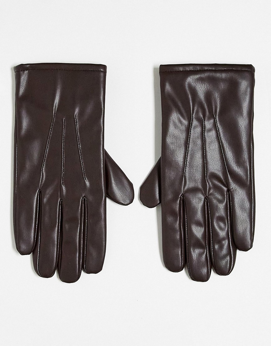 ASOS DESIGN faux leather gloves in chocolate brown