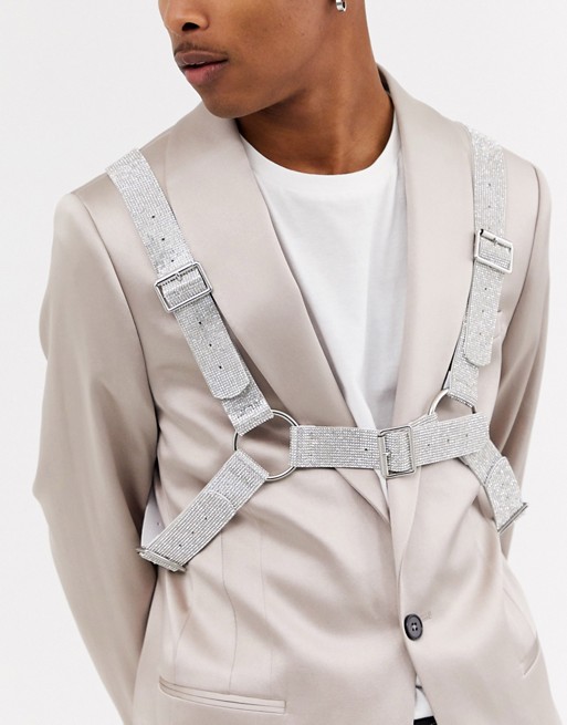 ASOS DESIGN body harness in faux leather with silver diamonte design