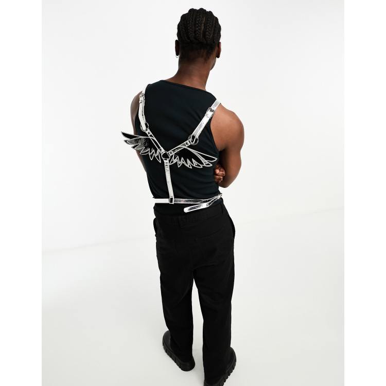 ASOS DESIGN faux leather harness with wings in silver