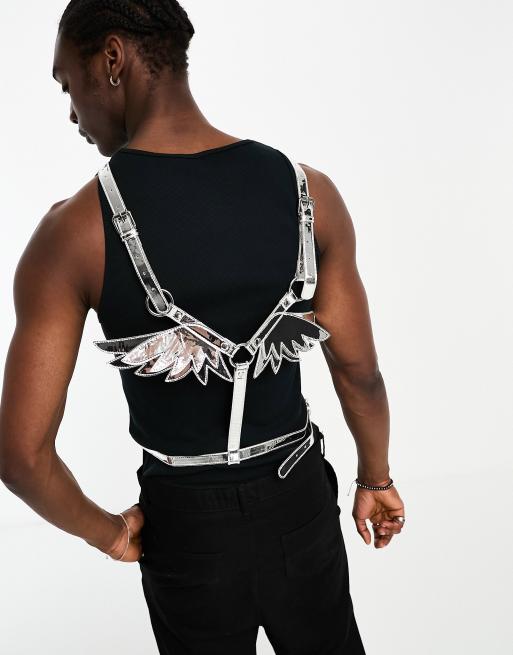 ASOS DESIGN party chest harness in black sequin with silver buckle