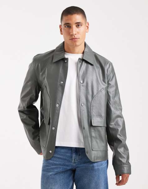 ASOS DESIGN faux leather harrington in grey - view 1
