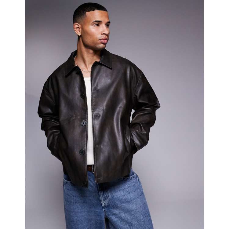 ASOS DESIGN faux leather harrington jacket in black wash | ASOS
