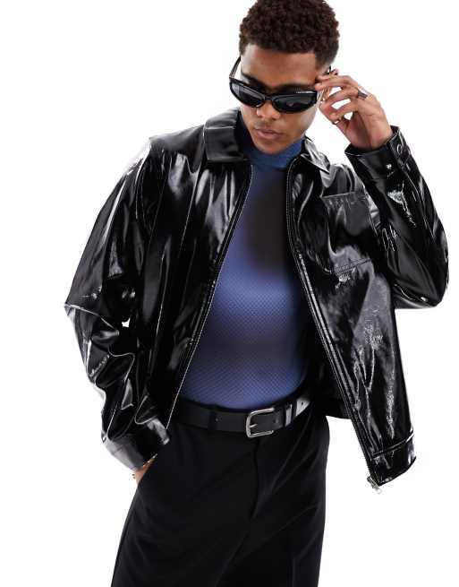 Mens shiny sale leather jacket