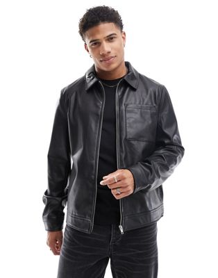 Asos Design Faux Leather Harrington Jacket In Black