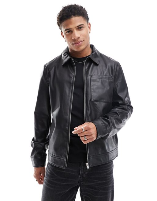 ASOS DESIGN faux leather harrington jacket in black | ASOS