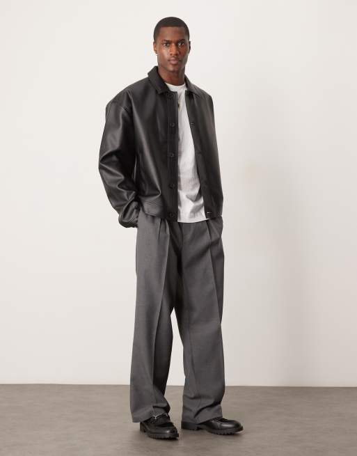 ASOS DESIGN faux leather Harrington jacket in black