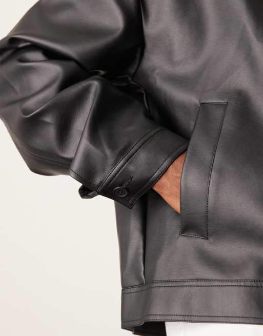 ASOS DESIGN faux leather Harrington jacket in black