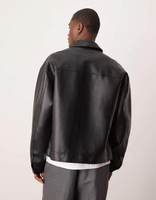ASOS DESIGN faux leather Harrington jacket in black