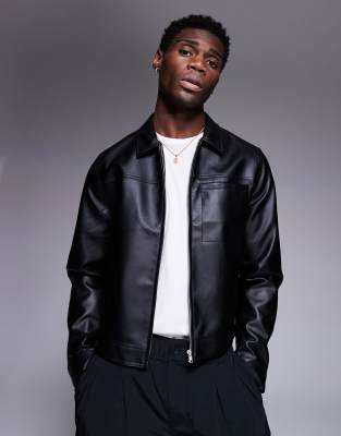 ASOS DESIGN faux leather harrington jacket in burgundy