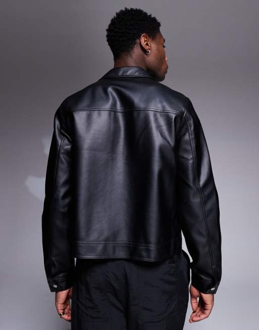 ASOS DESIGN faux leather harrington jacket in black