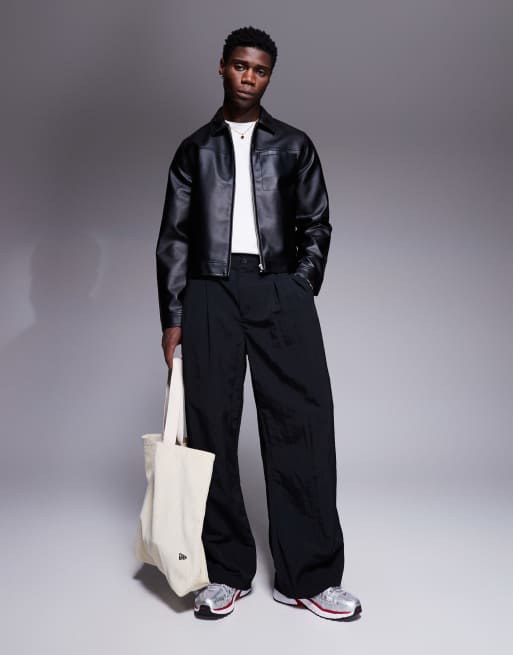 ASOS DESIGN faux leather harrington jacket in black