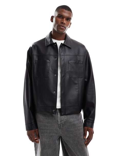 ASOS DESIGN faux leather harrington jacket in black - view 1