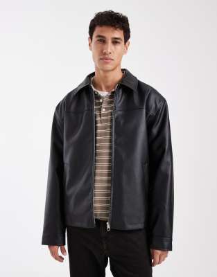 ASOS DESIGN faux leather harrington jacket in black