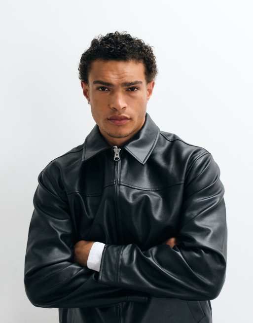 ASOS DESIGN faux leather harrington jacket in black, 4 of 5