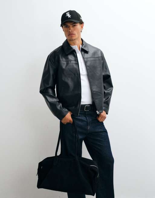ASOS DESIGN faux leather harrington jacket in black, 5 of 5