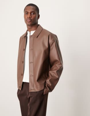 ASOS DESIGN faux leather harrington jacket in brown - BROWN - view 1