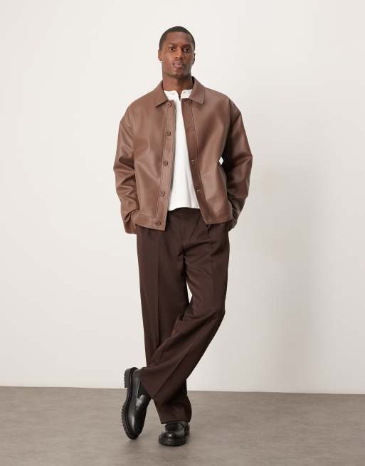 ASOS DESIGN faux leather harrington jacket in brown - BROWN, 3 of 4