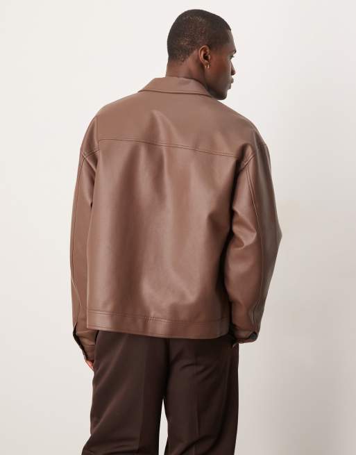 ASOS DESIGN faux leather harrington jacket in brown - BROWN, 4 of 4