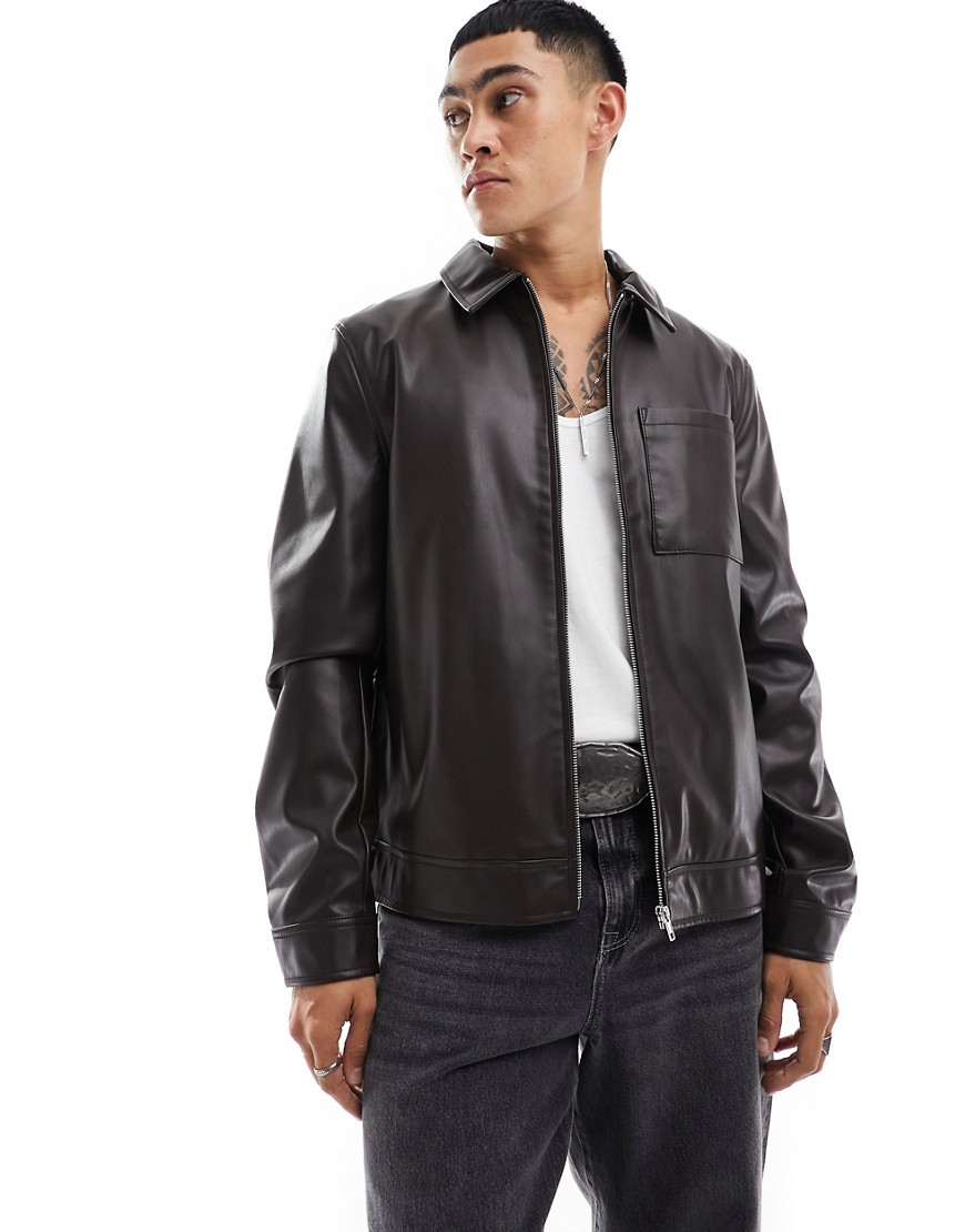 Asos Design Faux Leather Harrington Jacket In Brown