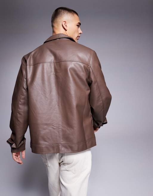 ASOS DESIGN faux leather harrington jacket in brown ASOS