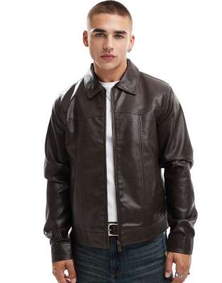 faux leather harrington jacket in brown