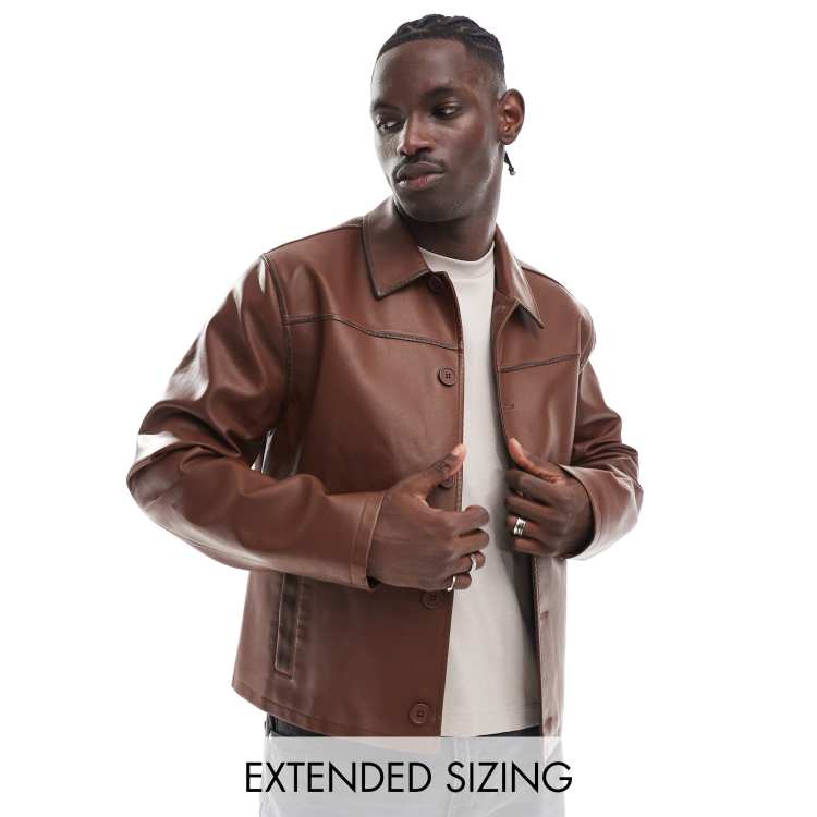 ASOS DESIGN faux leather harrington jacket in brown | ASOS