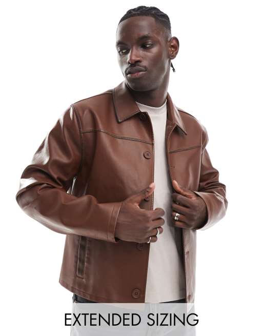 ASOS DESIGN faux leather harrington jacket in brown ASOS