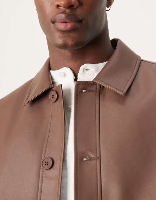 ASOS DESIGN faux leather Harrington jacket in brown, 2 of 4