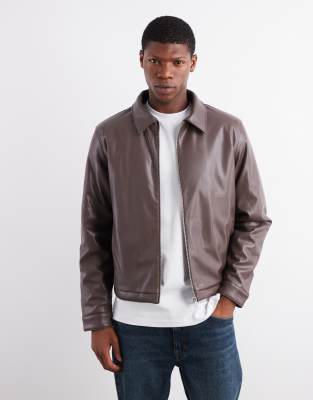 Asos Design Faux Leather Harrington Jacket In Brown