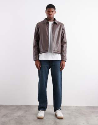 Asos Design Faux Leather Harrington Jacket In Brown