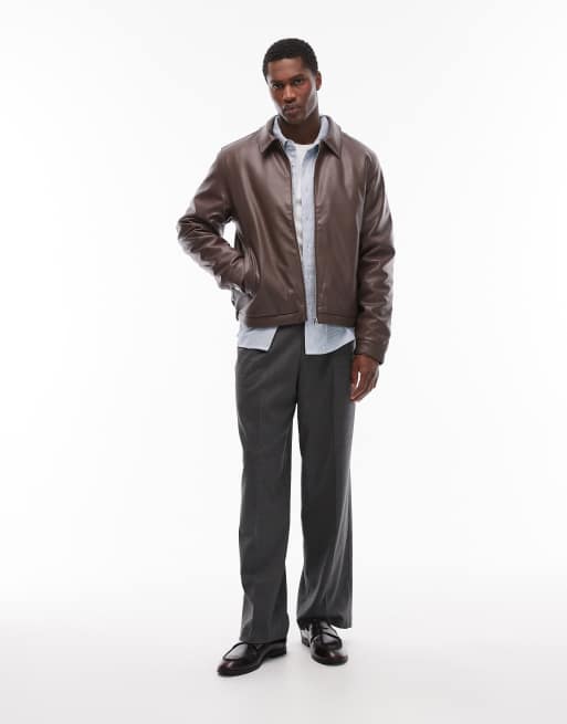 ASOS DESIGN faux leather harrington jacket in brown