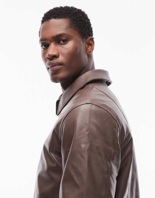 ASOS DESIGN faux leather harrington jacket in brown, 4 of 5