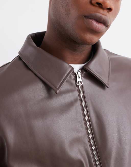 ASOS DESIGN faux leather harrington jacket in brown