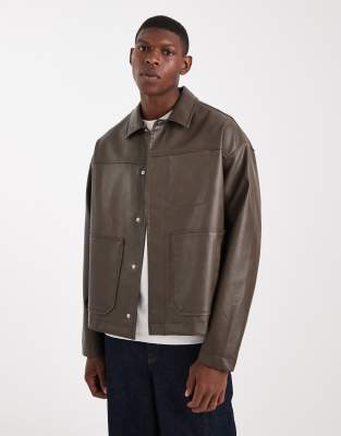 Asos Design Faux Leather Harrington Jacket In Brown