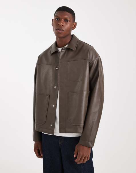 ASOS DESIGN faux leather harrington jacket in brown - view 1